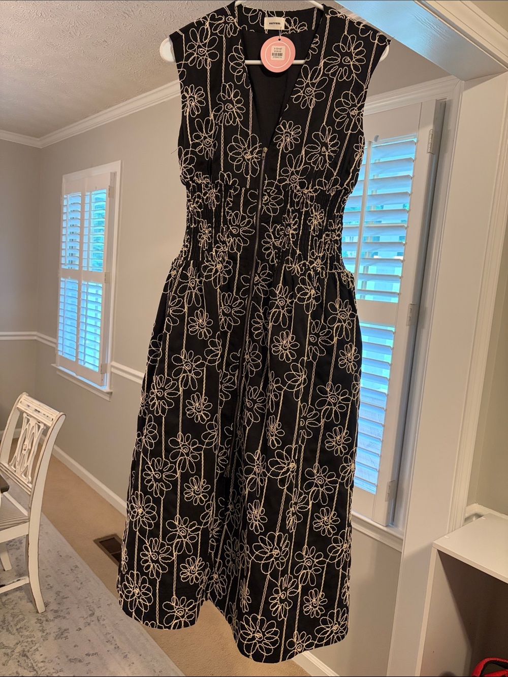 AUREUM Black Dress with White Floral Embroidery Midi